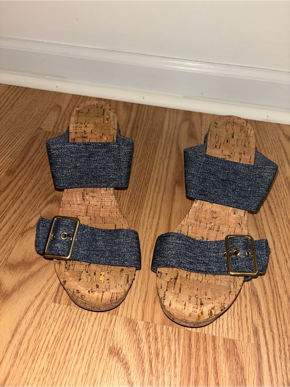 Denim Cork Slide Sandals - Blue